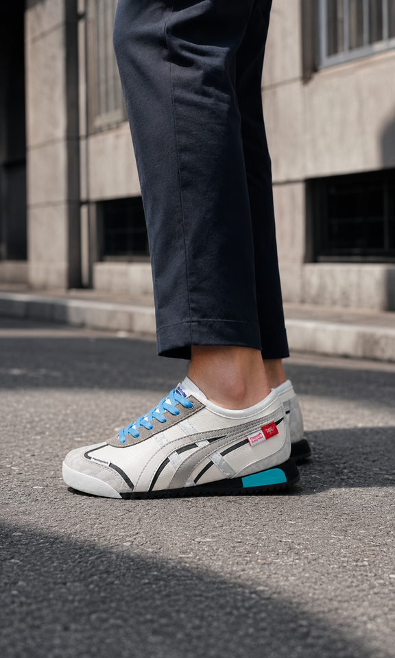 tenis Onitsuka Tiger modelo Mexico 66 con agujetas azules y detalles en la suela