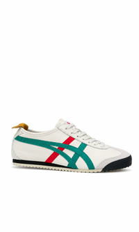 Onitsuka Tiger Mexico 66 en color blanco con franjas verdes y rojas.
