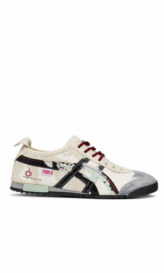 Onitsuka Tiger Mexico 66 con un patrón de camuflaje beige y detalles gráficos en negro y rojo
