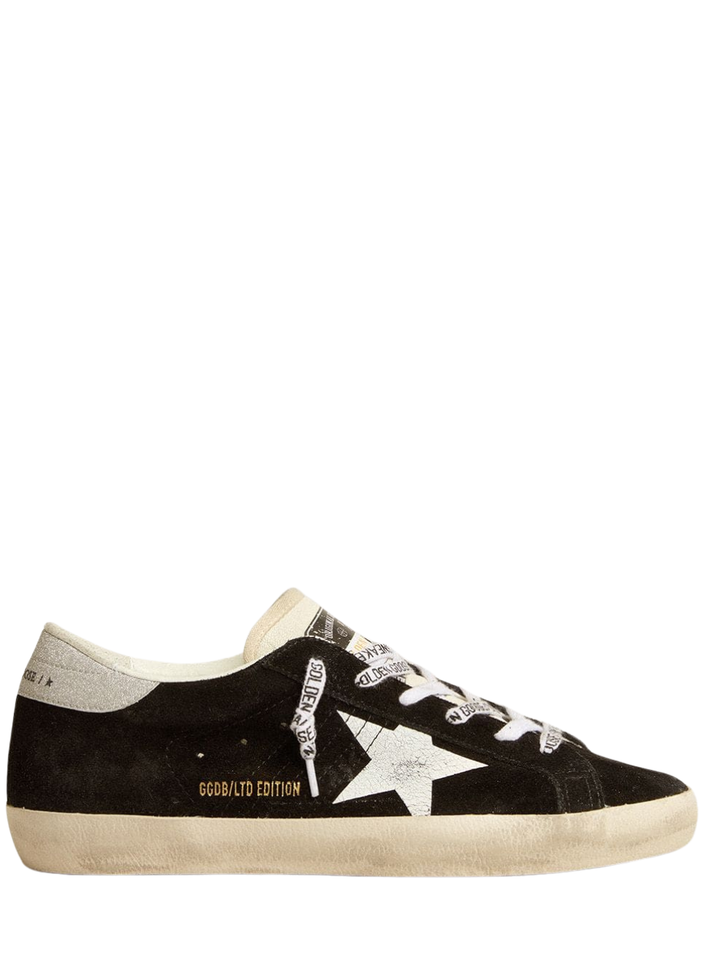 Super-Star LTD de Mujer de ante negro con estrella estampada blanca y refuerzo del talón con purpurina plateada