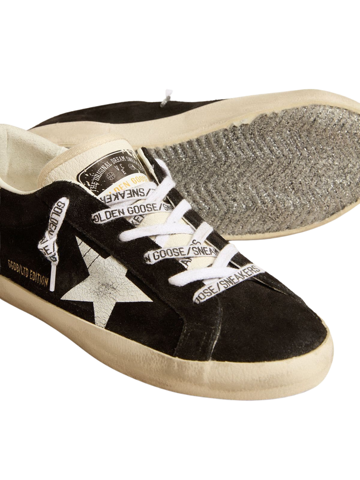 Super-Star LTD de Mujer de ante negro con estrella estampada blanca y refuerzo del talón con purpurina plateada