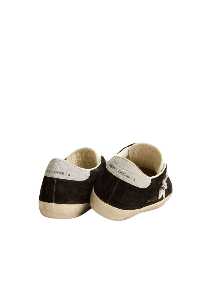 Super-Star LTD de Mujer de ante negro con estrella estampada blanca y refuerzo del talón con purpurina plateada