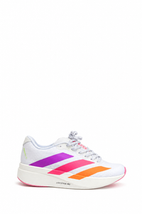 adidas Adizero Evo SL en color blanco con franjas degradadas en tonos morado, rosa y naranja